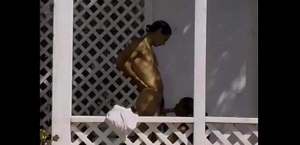  Curvy ebony goddess in yellow swimsuit gives professional blowjob to muscular gardener on the veranda